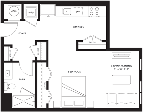 Floor plan for studio, 1 bath, 611 sqft